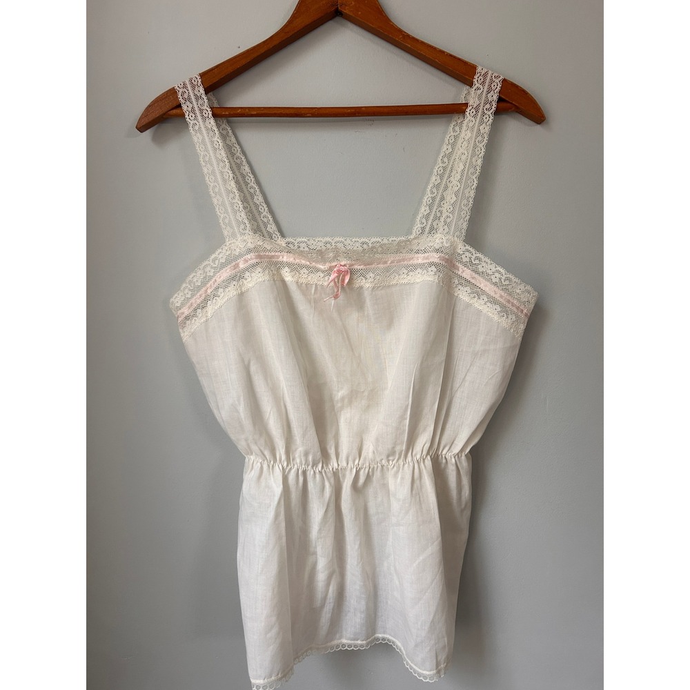Vintage Sliperfection White Lace Trim Camisole Top Pink Ribbon Bow Size 36